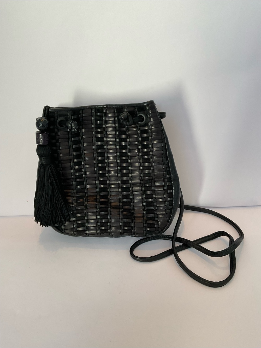 Sharif Black Woven Leather Crossbody Shoulder Bag with Brass Accent